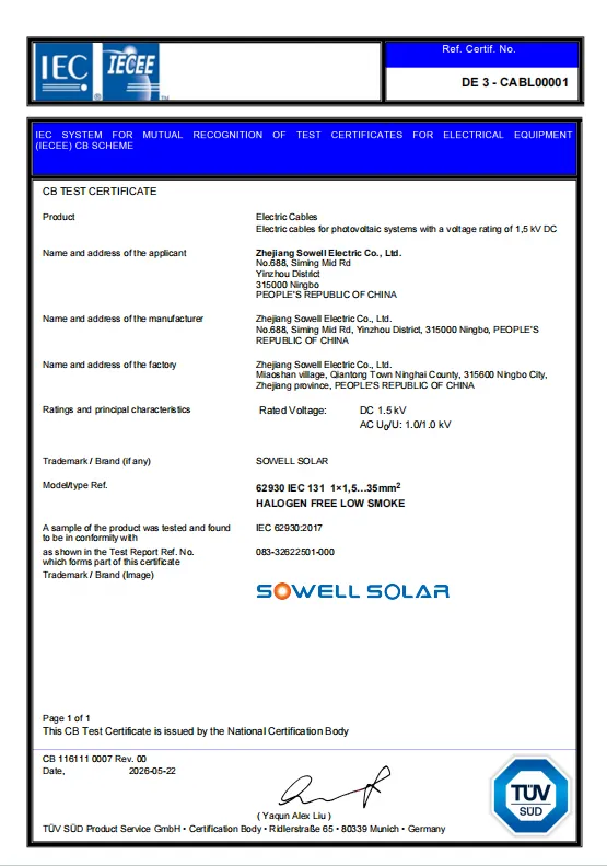 Fotovoltaické káble SOWELLSOLAR získali uznanie certifikácie TÜV SÜD IECEE-CB